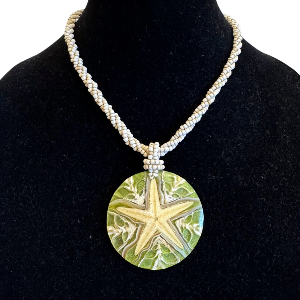 Genuine Real Starfish & Red Shell Resin Pendant Beaded Necklace 19" Beach Summer